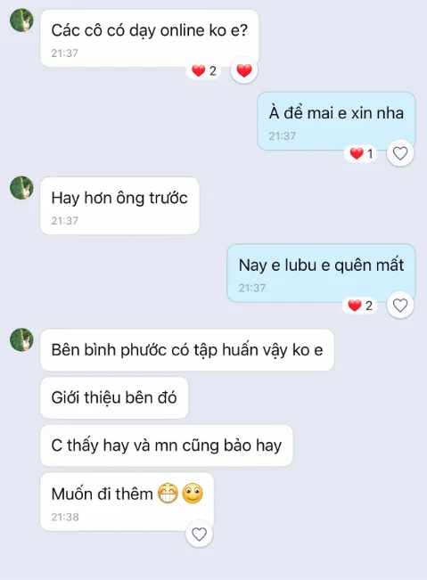 Tin nhắn Zalo của giáo viên Trường Tiểu học Đồng Xoài: “C thấy hay và mn cũng bảo hay. Muốn đi thêm” và hỏi xin giới thiệu lớp tập huấn cho Bình Phước
