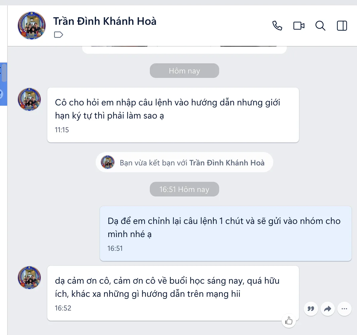 Tin nhắn Zalo của anh Trần Đình Khánh Hoà: “dạ cảm ơn cô, cảm ơn cô về buổi học sáng nay, quá hữu ích, khác xa những gì hướng dẫn trên mạng”