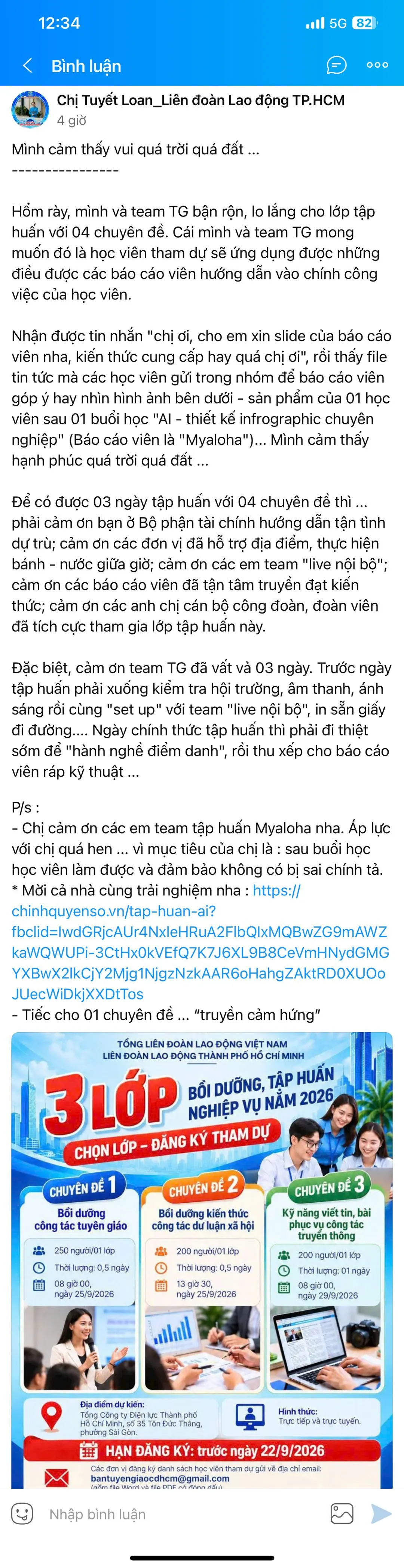 Bài đăng Facebook của chị Tuyết Loan (Liên đoàn Lao động TP. HCM) chia sẻ niềm vui sau 3 ngày tập huấn 4 chuyên đề, dẫn lại tin nhắn học viên: “chị ơi, cho em xin slide của báo cáo viên nha, kiến thức cung cấp hay quá chị ới”